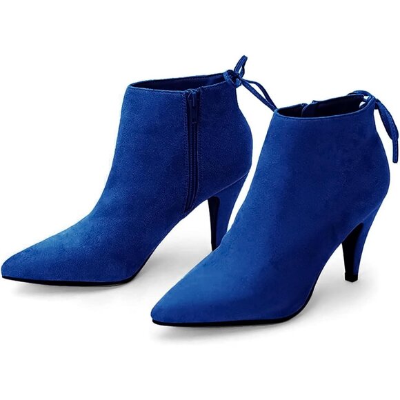 Women's Pointed Toe Heels Ankle Booties Kitten Stiletto Bowtie Strappy Boot Blue - Picture 1 of 6